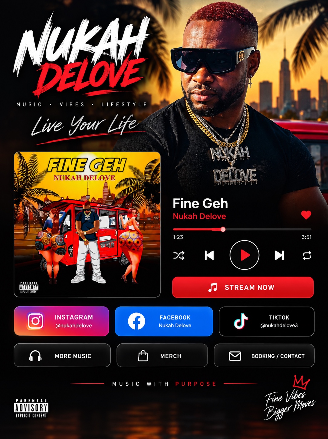 Nukah DeLove approved artist landing page design featuring Fine Geh and social media links