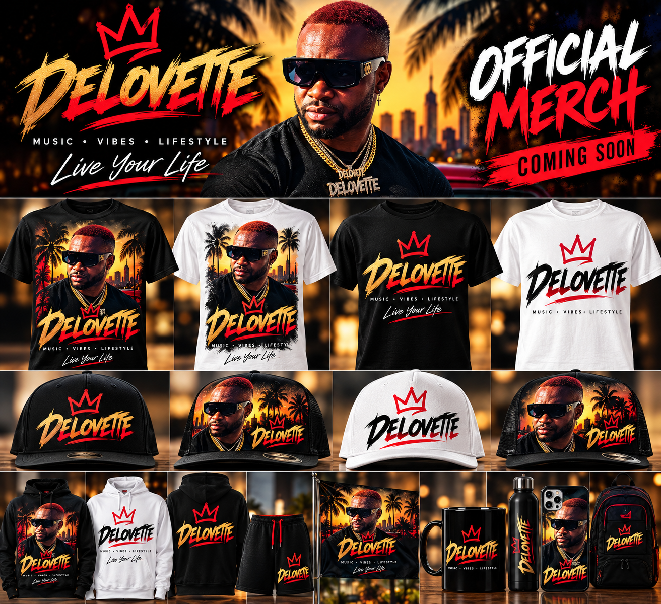 DELOVETTE official merchandise concepts featuring Nukah’s portrait, crown logo, shirts, hats, hoodies, and flags